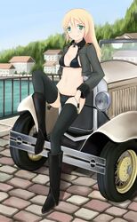  bikini black_bikini black_thighhighs blonde_hair boots car commentary_request cross female green_eyes hat heinrike_prinzessin_zu_sayn-wittgenstein highres iron_cross jacket key knee_boots long_hair motor_vehicle navel noble_witches rasielcochma solo swimsuit thighhighs water world_witches_series 