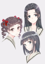  3girls black_eyes black_hair blue_eyes blunt_bangs blush bow brown_eyes brown_hair closed_mouth commentary_request drill_hair grey_background hairbow head_tilt highres hosokawa_kanako kobuta light_smile long_hair looking_at_viewer looking_to_the_side maria-sama_ga_miteru matsudaira_touko multiple_girls nijou_noriko parted_bangs portrait red_bow sailor_collar school_uniform serafuku short_hair simple_background smile twin_drills white_sailor_collar 