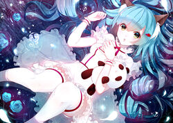  :o animal_ears aqua_eyes aqua_hair blue_eyes blue_hair blush breasts commentary_request dress female flower hair_ornament hairclip long_hair looking_at_viewer open_mouth original pale_skin panda parted_lips phino photoshop_(medium) sitting_on_water small_breasts solo thighhighs toy very_long_hair water white_dress white_thighhighs wristband yellow_eyes 