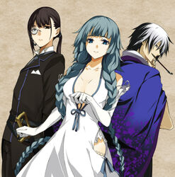  2boys aqua_eyes aqua_hair black_hair braid breasts cleavage commentary_request dan_karuma dress elbow_gloves female gloves highres japanese_clothes kimono kiseru kurana_munefuyu large_breasts long_hair monocle multiple_boys ponytail smile smoking_pipe soushuu_senshinkan_gakuen_hachimyoujin sword tatsumiya_yurika twin_braids very_long_hair weapon white_dress yuunagi_(seventh_heaven) 