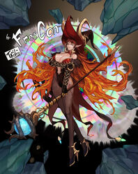  absurdres bad_id bad_pixiv_id bare_shoulders breasts brown_hair dungeon_and_fighter female gradient_hair hat highres large_breasts legs lips long_hair looking_at_viewer multicolored_hair pointy_ears purple_eyes red_hair smile solo staff tamidro thighs transcendent_nornil very_long_hair witch witch_hat 