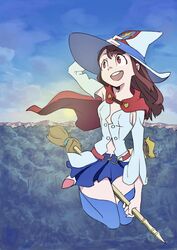  arai_hiroki bad_id bad_twitter_id broom broom_riding brown_hair cape commentary_request cosplay female floating_cape flying hat highres kagari_atsuko little_witch_academia long_hair official_art pleated_skirt shiny_chariot shiny_chariot_(cosplay) skirt smile solo thighhighs witch witch_hat 