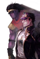  2boys aged_up chains colored_skin commentary_request hat highres jojo_no_kimyou_na_bouken kujo_jotaro multiple_boys purple_skin sb_(hiratsei) stand_(jojo) star_(symbol) star_platinum 