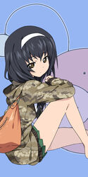  anglerfish backpack bag bare_legs barefoot black_hair brown_eyes camouflage camouflage_hoodie emblem female fish from_side girls_und_panzer green_skirt hairband hood hoodie long_hair looking_at_viewer miniskirt mizuki_makoto ooarai_school_uniform photoshop_(medium) pleated_skirt reizei_mako revision school_uniform sitting skirt solo 