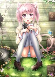  ahoge amy_(madoka_magica) animal_ears baby_bottle bad_id bad_pixiv_id bag barbed_wire blue_panties blush bottle bow box bug butterfly cardboard_box cat_ears cat_tail feline female flower for_adoption grass heart hugging_own_legs kaname_madoka light_rays mahou_shoujo_madoka_magica mahou_shoujo_madoka_magica_(anime) mary_janes mitakihara_school_uniform open_mouth panties pantyshot paw_print pigeon-toed pink_eyes pink_hair ribbon school_bag school_uniform shoes short_hair sitting solo striped_clothes striped_panties sunbeam sunlight swordsouls tail tail_bow tail_ornament tail_ribbon thighhighs tire twintails underwear white_panties white_thighhighs 