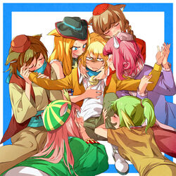  1boy 6+girls animal_ears bell blonde_hair blue_eyes blush braid brown_hair cat_ears closed_eyes collar commentary_request cowboy_hat dora-nichov dora-rinho dora-the-kid dora_med_iii doraemon dorami el_matadora genderswap_(ftm) genderswap_(mtf) grabbing green_hair happy harem hat horns hug long_hair long_sleeves multiple_girls neck_bell personification photoshop_(medium) pink_hair ponytail popqn rule_63 scarf single_braid single_horn smile straight sweatdrop the_doraemons twin_braids wang_dora 