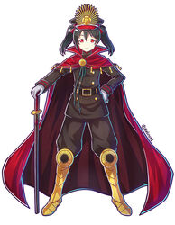  belt black_hair cape commentary cosplay crest family_crest fate_(series) female full_body hand_on_own_hip hat japanese_clothes kelinch1 koha-ace long_hair looking_at_viewer love_live! love_live!_school_idol_project military military_uniform oda_nobunaga_(fate) oda_nobunaga_(koha-ace) oda_nobunaga_(koha-ace)_(cosplay) oda_uri peaked_cap red_eyes sheath sheathed smile solo sword twitter_username uniform weapon white_background yazawa_nico 