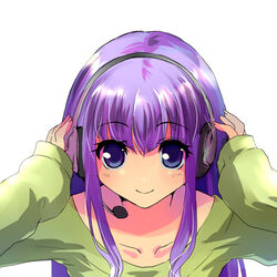  bad_id bad_pixiv_id female green_shirt headset kobanzame long_hair looking_at_viewer no_nose original purple_eyes purple_hair shirt simple_background smile solo sweater upper_body 