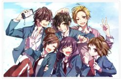  3boys 3girls aida_miou blonde_hair brown_eyes brown_hair cellphone closed_eyes commentary_request enomoto_natsuki hair_bun happy hatsukoi_no_ehon_(vocaloid) hayasaka_akari holding_hands interlocked_fingers kokuhaku_jikkou_iinkai kokuhaku_yokou_renshuu_(vocaloid) mochizuki_souta multiple_boys multiple_girls necktie one_eye_closed pants pants_under_skirt phone purple_hair school_uniform serizawa_haruki setoguchi_yuu single_hair_bun skirt smile yakimochi_no_kotae_(vocaloid) yamako_(state_of_children) 