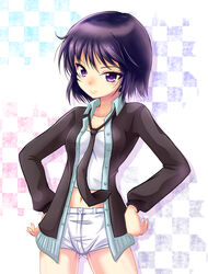  black_hair boku_wa_tomodachi_ga_sukunai commentary dress_shirt female hands_on_own_hips long_sleeves mikazuki_yozora navel necktie no_pants open_clothes photoshop_(medium) purple_eyes ryusei2u school_uniform shirt short_hair shorts solo st._chronica_academy_school_uniform white_shorts 