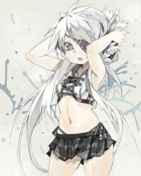  armpits arms_up bad_drawr_id bad_id black_eyes eyepatch female midriff navel oekaki original plaid ricci skirt solo white_hair 