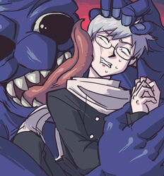  1boy ao_oni bad_id bad_pixiv_id blue_oni blue_skin colored_skin glasses grey_hair hiroshi_(ao_oni) licking monster oni photoshop_(medium) sanjiro_(tenshin_anman) scared scarf sweat the_oni_(ao_oni) tongue 