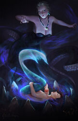  animal_humanoid ariel_(disney) cecaelia cephalopod cephalopod_humanoid clothed clothing detailed_background disney dress duo female gabrielleragusi green_body green_scales hair hi_res humanoid jewelry looking_at_viewer magic marine marine_humanoid merfolk mollusk mollusk_humanoid necklace octomaid red_hair ritual scales seashell shell signature split_form tentacle the_little_mermaid_(1989) topless ursula_(disney) water white_hair 