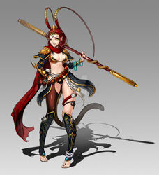  ah-lyong_lee anklet armor asymmetrical_clothes barefoot bead_bracelet beads bikini_armor bracelet breasts chinese_clothes circlet cleavage crown earrings eyelashes faulds feathers forehead_jewel full_body genderswap_(mtf) greaves grey_background hair_feathers highres jewelry journey_to_the_west long_hair medium_breasts mini_crown monkey_tail pauldrons pigeon-toed pointy_ears raised_eyebrow red_hair rule_63 scarf single_pantsleg solo staff sun_wukong tail toeless_legwear toes weapon yellow_eyes 