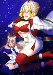  2girls absurdres ahoge alternate_costume bad_id bad_pixiv_id bell bikini bikini_top_only blonde_hair blue_bikini blue_gloves blue_thighhighs breasts christmas closed_eyes commentary_request cosplay elbow_gloves fate/extra fate/grand_order fate_(series) fur_trim gloves green_eyes green_ribbons hair_intakes headpiece highres jeanne_d&#039;arc_(fate) jeanne_d&#039;arc_alter_santa_lily_(fate) jeanne_d&#039;arc_alter_santa_lily_(fate)_(cosplay) jingle_bell large_breasts looking_at_viewer multiple_girls nero_claudius_(fate) nero_claudius_(fate/extra) night one_eye_closed pink_hair red_bikini red_gloves red_legwear ribbon santa_costume snow snowing swimsuit tamamo_(fate) tamamo_no_mae_(fate/extra) thighhighs yayoi_maka 