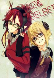  2girls bad_id bad_pixiv_id belbet_(ryusui) blonde_hair blush borrowed_character collar dragon_girl dragon_wings fingernails glasses green-framed_eyewear grin horns multiple_girls original pointy_ears red_hair riz_(robo8) sharp_fingernails short_hair smile usui_ryuu wings 