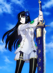  black_hair blue_eyes commentary_request eyepatch female flower gunblade hair_flower hair_ornament nagisa_(psp2i) pantyhose phantasy_star phantasy_star_portable_2 phantasy_star_portable_2_infinity photoshop_(medium) sakamoto_mineji skirt solo uniform weapon 