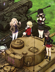  6+girls absurdres anchovy_(girls_und_panzer) ankle_boots anzio_military_uniform black_footwear black_jacket black_shirt black_skirt black_socks blonde_hair blue_eyes blue_shorts boots braid brown_eyes brown_hair brown_jacket caterpillar_tracks churchill_(tank) cutoffs darjeeling_(girls_und_panzer) denim denim_shorts drill_hair drink emblem garrison_cap girls_und_panzer green_jacket grey_hair grey_jacket hat helmet highres jacket katyusha_(girls_und_panzer) kay_(girls_und_panzer) kuromorimine_military_uniform legs long_hair long_sleeves looking_back military military_uniform military_vehicle miniskirt motor_vehicle multiple_girls nishizumi_maho nonna_(girls_und_panzer) odd_one_out official_art on_vehicle one_eye_closed open_clothes open_jacket open_mouth pleated_skirt pravda_military_uniform red_eyes red_jacket red_shirt red_skirt saunders_military_uniform sherman_firefly shirt short_hair short_jumpsuit short_shorts shorts skirt socks st._gloriana&#039;s_(emblem) st._gloriana&#039;s_military_uniform sugimoto_isao tank tank_helmet thighhighs tied_hair tiger_i trait_connection turtleneck twin_braids twin_drills twintails uniform vest white_legwear 