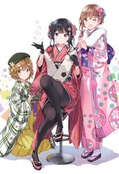  2016 3girls ;d adagaki_aki akeome bar_stool black_eyes black_gloves black_hair black_legwear blush braid brown_eyes brown_gloves brown_hair flower fujinomiya_neko gloves hair_flower hair_ornament hair_up hairclip happy_new_year hat highres japanese_clothes kimono koiwai_yoshino long_legs looking_at_viewer masamune-kun_no_revenge mole mole_under_eye multiple_girls new_year one_eye_closed open_mouth own_hands_together pantyhose sandals short_hair sitting smile stool tabi tiv 