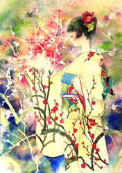  bad_id bad_pixiv_id black_hair branch commentary_request female flower hair_flower hair_ornament highres japanese_clothes kimono obi original oyabin_(shikouann) painting_(medium) patterned photoshop_(medium) plum_blossoms profile sash short_hair solo traditional_media watercolor_(medium) yellow_kimono 