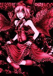  2girls absurdres chotto commentary_request dress flandre_scarlet hat highres monochrome multiple_girls remilia_scarlet short_hair skull touhou wings wrist_cuffs 