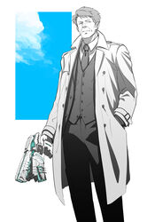  1boy beam_gun black_pants commentary_request dominator_(gun) grey_hair gun hand_in_pocket holding holding_gun holding_weapon jacket looking_at_viewer male_focus masaoka_tomomi necktie oludo pants psycho-pass solo standing weapon 