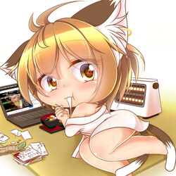  :t animal_ears blush brown_eyes brown_hair chen chibi closed_mouth computer earring feet female female food heater kurumai leaf lolicon looking_at_viewer looking_back lying money multiple_tails shiny shiny_skin simple_background solo touhou white_background 