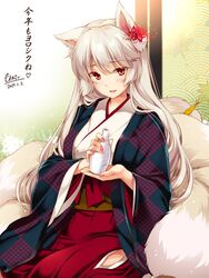  2017 absurdres alternate_costume animal_ears artist_name blush bottle commentary_request dated female floral_print flower flower_knight_girl fox_ears fox_girl fox_tail furisode grey_hair hair_flower hair_ornament hakama hakama_skirt higanbana_(flower_knight_girl) highres hip_vent japanese_clothes kanoko_(pattern) kimono kitsune kotoyoro kyuubi long_hair long_sleeves looking_at_viewer monety multiple_tails name_connection new_year object_namesake red_eyes red_flower seigaiha signature skirt smile solo spider_lily spider_lily_print tail tokkuri translated wide_sleeves 