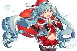  ahoge aqua_eyes aqua_hair bell black_gloves black_pantyhose bow bowtie christmas commentary cowboy_shot elbow_gloves female fingerless_gloves gamathx gloves hat hatsune_miku highres long_hair navel one_eye_closed open_mouth pantyhose sack santa_costume santa_hat simple_background skirt snowflakes solo suspender_skirt suspenders twintails very_long_hair vocaloid white_background 