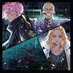  2boys absurdres akashi_senju black_eyes blonde_hair bo_1125359 bousouzoku coat commentary_request delinquent empty_eyes facial_tattoo female gold_trim green_eyes hair_bun highres kawaragi_senju long_sleeves medium_hair multiple_boys neck_tattoo pink_hair print_coat rain sano_manjirou short_hair tattoo terano_south tokyo_revengers upper_body water_drop yellow_eyes 