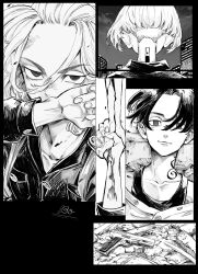  1boy bo_1125359 bousouzoku commentary_request delinquent dragon_tattoo empty_eyes gun hanagaki_takemichi handgun highres long_sleeves looking_at_viewer male_focus medium_hair monochrome neck_tattoo sano_manjirou short_hair smile spoilers tank_top tattoo tokarev_tt-33 tokyo_revengers upper_body weapon 