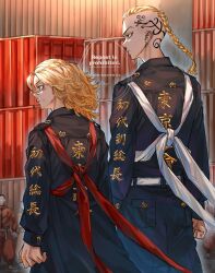  4boys black_coat black_eyes black_jacket black_pants blonde_hair bo_1125359 bousouzoku braid braided_ponytail closed_mouth clothes_writing coat commentary_request delinquent dragon_tattoo earrings empty_eyes head_tattoo highres jacket jewelry long_hair long_sleeves looking_to_the_side male_focus medium_hair multiple_boys pants print_coat profile ryuuguuji_ken sano_manjirou single_braid single_earring tattoo tokkoufuku tokyo_revengers upper_body 