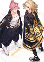  1boy absurdres akashi_senju aqua_eyes belt black_coat black_eyes black_pants blonde_hair bo_1125359 bousouzoku breasts chest_sarashi cleavage closed_mouth clothes_writing coat commentary_request delinquent empty_eyes female full_body gold_trim hair_between_eyes hair_bun hands_in_pockets highres large_breasts long_sleeves looking_at_viewer medium_hair navel pants pink_hair print_coat sano_manjirou sarashi simple_background smile standing swastika tokkoufuku tokyo_revengers white_background white_belt 
