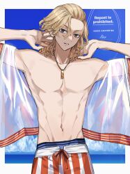  1boy black_eyes blonde_hair blue_male_swimwear blue_sky bo_1125359 cloud cloudy_sky commentary empty_eyes highres horizon jewelry male_focus male_swimwear medium_hair navel necklace ocean outdoors parted_lips red_male_swimwear sano_manjirou see-through_clothes see-through_shirt shirt sky striped_male_swimwear swim_trunks tokyo_revengers tokyo_revengers_pazuribe! untranslatable_commentary upper_body 