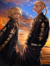 2boys belt black_coat black_eyes black_pants blonde_hair bo_1125359 braid braided_ponytail closed_mouth clothes_writing cloud cloudy_sky coat commentary_request dragon_tattoo earrings empty_eyes gradient_sky hand_in_pocket head_tattoo highres horizon jewelry long_hair long_sleeves male_focus medium_hair multiple_boys ocean orange_sky outdoors pants print_coat ryuuguuji_ken sano_manjirou single_braid single_earring sky smile sunset swastika tattoo tokkoufuku tokyo_revengers white_belt 