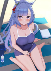  animal_ears blue_hair blue_one-piece_swimsuit blush bottle braid breasts cleavage closed_mouth commentary_request competition_school_swimsuit cooler crown_braid ear_ornament ear_ribbon female highres horse_ears horse_girl horse_tail large_breasts long_hair looking_at_viewer mejiro_ardan_(umamusume) one-piece_swimsuit pocari_sweat purple_eyes school_swimsuit single_vertical_stripe sitting smile solo swimsuit tail textless_version towel tracen_swimsuit umamusume wakame_miso wariza 