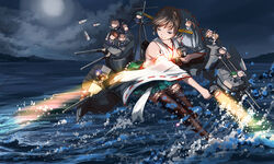  ahoge bare_shoulders boots brown_hair chibi cloud commentary_request detached_sleeves doraxi fairy_(kancolle) hiei_(kancolle) kantai_collection long_hair moon mountain night nontraditional_miko ocean one_eye_closed photoshop_(medium) purple_hair short_hair sky thigh_boots thighhighs turret twintails water wide_sleeves 