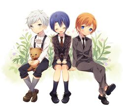  3boys aged_down ascot bishounen black_legwear blonde_hair blue_eyes blue_hair blush bob_cut closed_eyes commentary_request formal full_body grey_eyes grey_hair grey_legwear hijirikawa_masato jacket jinguuji_ren kneehighs kurosaki_ranmaru loafers lolicon male_focus mole multiple_boys necktie plaid plaid_jacket shoes shorts socks stuffed_animal stuffed_toy suit suspender_shorts suspenders teddy_bear uta_no_prince-sama yu_(y-z) 