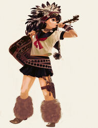  bad_id bad_pixiv_id bag belt blowgun bracelet brown_eyes brown_hair earrings facepaint feathers female gonzales_rocky headdress highres holding jewelry knife long_hair multiple_belts native_american native_american_headdress original school_uniform serafuku sheath sheathed simple_background skirt solo warbonnet weapon white_background wrist_cuffs 