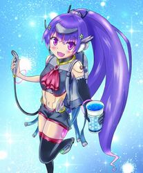  backpack bag bare_midriff cardfight!!_vanguard drink gloves headdress headset long_hair mecha_girl midriff nova_grappler oasis_girl ponytail purple_eyes purple_hair robot_girl shoes shorts sneakers thighhighs visor 