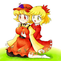  2girls aki_minoriko aki_shizuha blonde_hair blush breasts commentary_request dress food fruit grabbing grabbing_another&#039;s_breast grapes hair_ornament hat leaf leaf_hair_ornament multiple_girls nitamago open_mouth red_eyes short_hair siblings sisters smile sweatdrop touhou yellow_eyes 