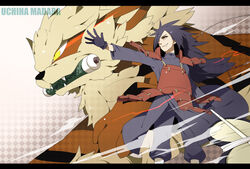  1boy arcanine armor black_gloves black_hair character_name commentary_request crossover fangs gloves highres letterboxed long_hair male_focus mouth_hold naruto_(series) naruto_shippuuden outstretched_arm photoshop_(medium) pokemon pokemon_(creature) red_eyes scroll sharingan size_difference slit_pupils standing uchiha_madara very_long_hair yellow_eyes zaver 