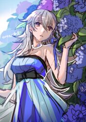  alternate_costume bad_id bad_pixiv_id bare_shoulders blue_flower blush braid commentary_request dress fate/grand_order fate_(series) female flower grey_hair hydrangea jewelry leaf long_hair looking_at_viewer necklace olga_marie_animusphere open_mouth pearl_necklace purple_flower rain red_eyes sentaku_nori solo strapless strapless_dress 