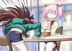  2girls basket blurry blurry_background burger closed_eyes commentary_request cup desk_slam drink drinking_straw drinking_straw_in_mouth food french_fries getting_up hair_ribbon highres holding holding_cup holding_drink jacket kaname_madoka knives_(knives777) long_hair mahou_shoujo_madoka_magica mahou_shoujo_madoka_magica_(anime) midriff mitakihara_school_uniform motion_lines multiple_girls pink_eyes pink_hair ribbon sakura_kyoko school_uniform short_shorts short_twintails shorts sitting standing thighhighs twintails zettai_ryouiki 