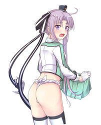  ahoge akitsushima_(kantai_collection) anchor ass blush dressing flat_ass fundoshi gloves hair_ribbon hat highres japanese_clothes kanabun kantai_collection long_hair looking_at_viewer open_mouth pleated_skirt purple_eyes purple_hair ribbon skirt skirt_removed solo thighhighs wavy_mouth 