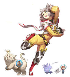  animal_ears blonde_hair blunt_bangs bodysuit boreas_(xenoblade) breasts cat_ears chibi commentary_request dancing dromarch_(xenoblade) electra_(xenoblade) eyebrows facial_mark fangs female full_body gloves grey_hair hood long_sleeves looking_at_viewer medium_breasts nia_(xenoblade) photoshop_(medium) rabbit ribbon short_hair simple_background smile takanoriha_kasui tiger white_background white_gloves white_hair xenoblade_chronicles_(series) xenoblade_chronicles_2 yellow_bodysuit yellow_eyes 