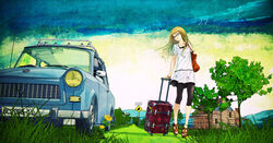  bag blonde_hair car commentary_request female flower glasses grass highres house light_smile long_hair md5_mismatch motor_vehicle outdoors redjuice resolution_mismatch road_sign rolling_suitcase sandals sign sky solo source_smaller star_(symbol) suitcase supercell_(band) trabant tree yellow_eyes 