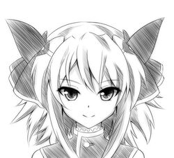  closed_mouth commentary_request female folko greyscale hair_ribbon looking_at_viewer mondaiji-tachi_ga_isekai_kara_kuru_sou_desu_yo? monochrome pest_(mondaiji) photoshop_(medium) portrait ribbon short_hair sidelocks smile 