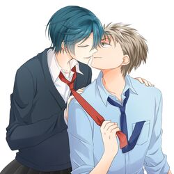  1boy blue_hair brown_eyes brown_hair closed_eyes commentary_request female gekkan_shoujo_nozaki-kun hori_masayuki imminent_kiss kashima_yuu kosuke_(pixiv2100845) necktie necktie_grab neckwear_grab reverse_trap school_uniform short_hair white_background 