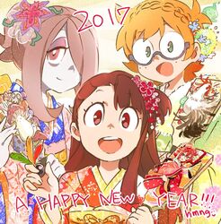  2017 3girls alternate_hairstyle bird chicken chinese_zodiac commentary_request flower glasses hagoita hair_flower hair_ornament hair_over_one_eye hmng japanese_clothes kagari_atsuko kimono little_witch_academia lotte_jansson multiple_girls mushroom new_year open_mouth paddle pale_skin shiny_chariot smile studio_trigger_(style) sucy_manbavaran year_of_the_rooster 